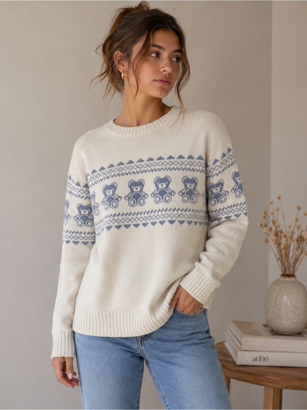 Hollister Teddy Bear Fair Isle Crewneck Sweater Small Cream Blue Knit